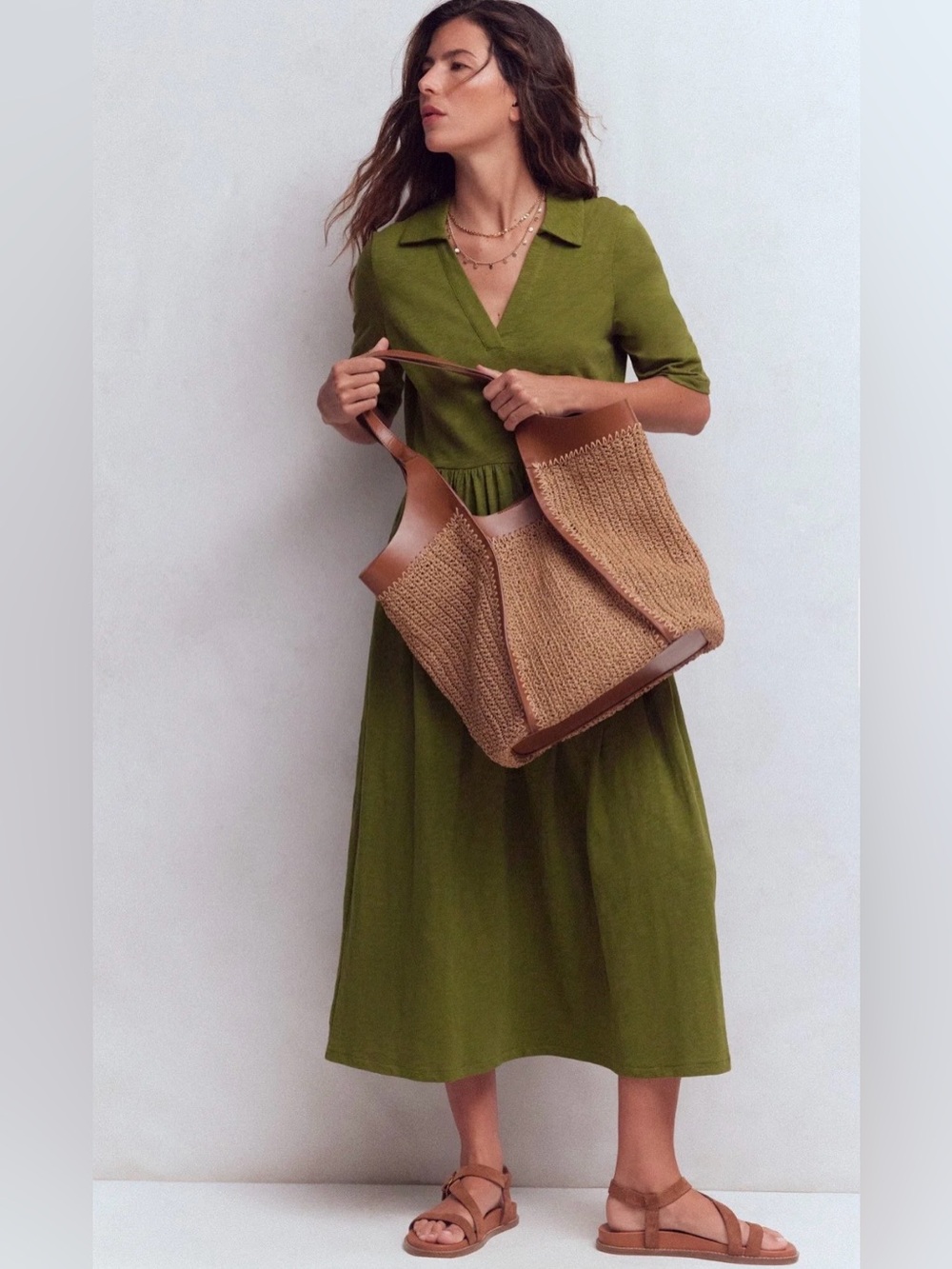 Boden 
Aria Collared Olive Green V-Neck Jersey Midi Dress. Size 10T. NWOT.